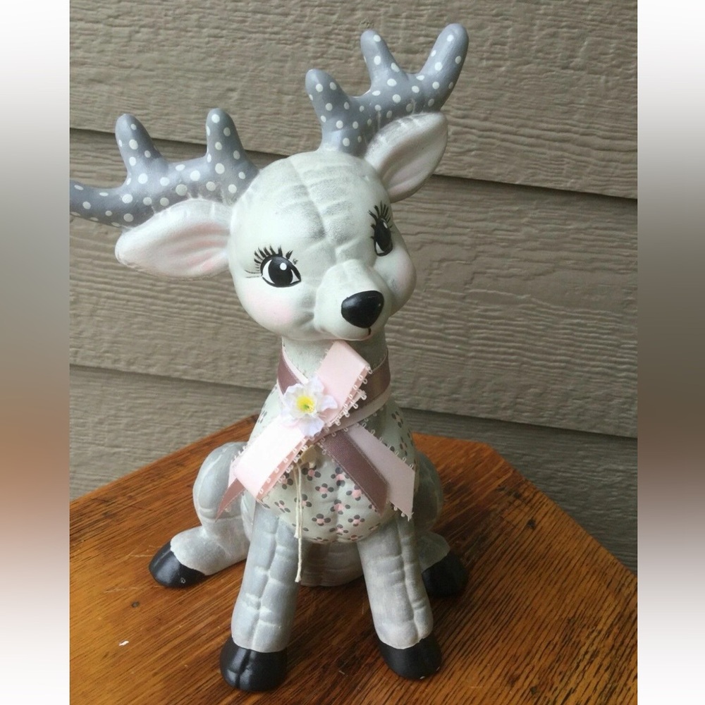 Vintage Decorative Gray and Pink Deer Ceramic Figurine with Bow - Picture 8 of 9